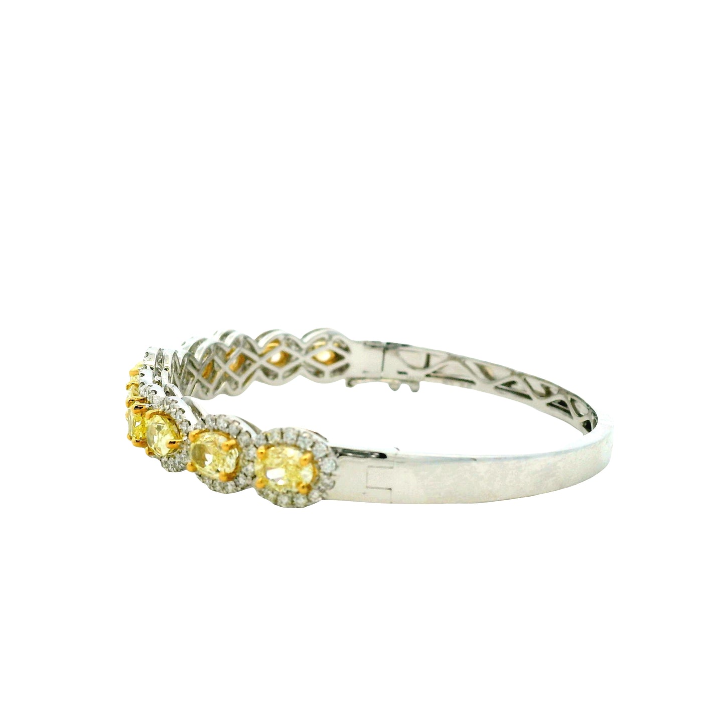 18k Two-Tone Gold 6.37ctw Multi-Shape Natural Yellow & White Diamond Bangle Bracelet — worn on the wrist