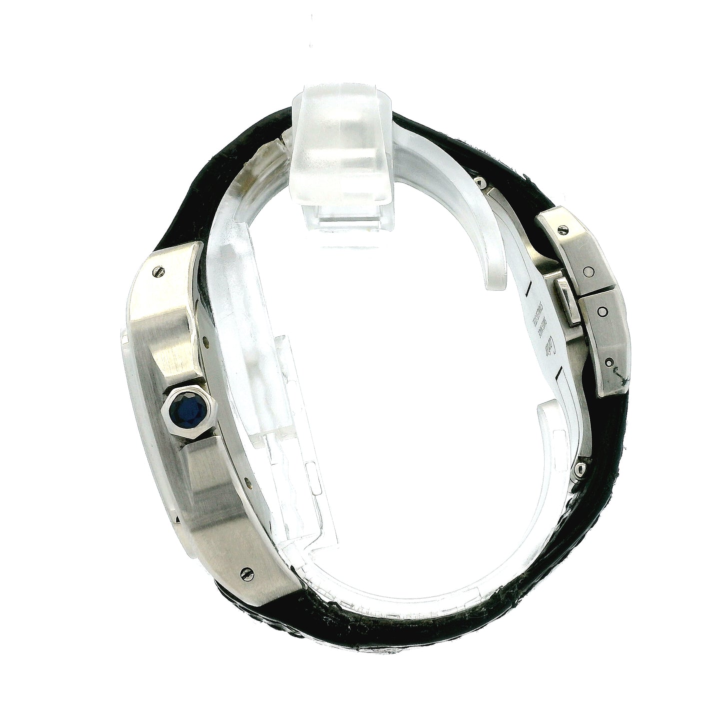 Cartier Santos 35.6mm Roman Numeral Black Strap Stainless Steel Watch — worn on the wrist