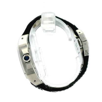 Cartier Santos 35.6mm Roman Numeral Black Strap Stainless Steel Watch — worn on the wrist