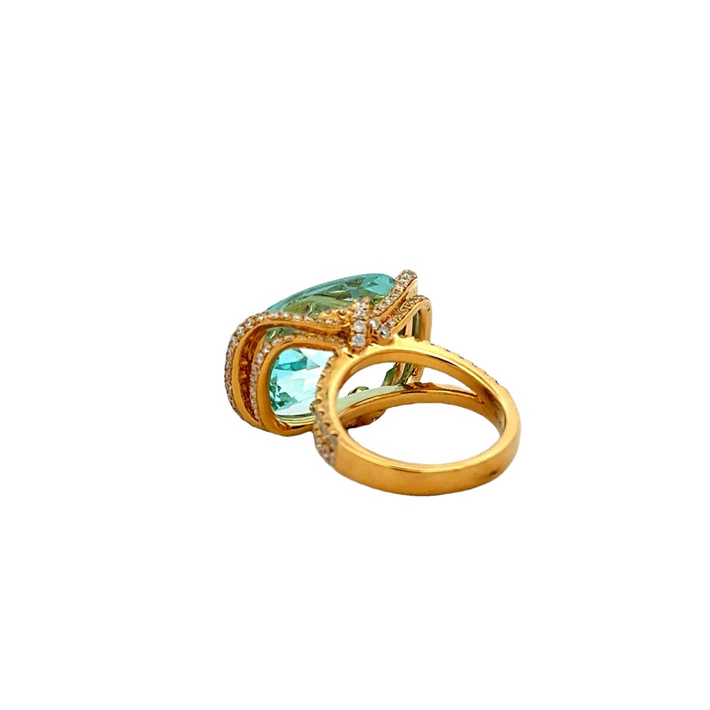 18k Yellow Gold 17.68ct Cushion Cut Aquamarine Halo Cocktail Ring — worn on the finger
