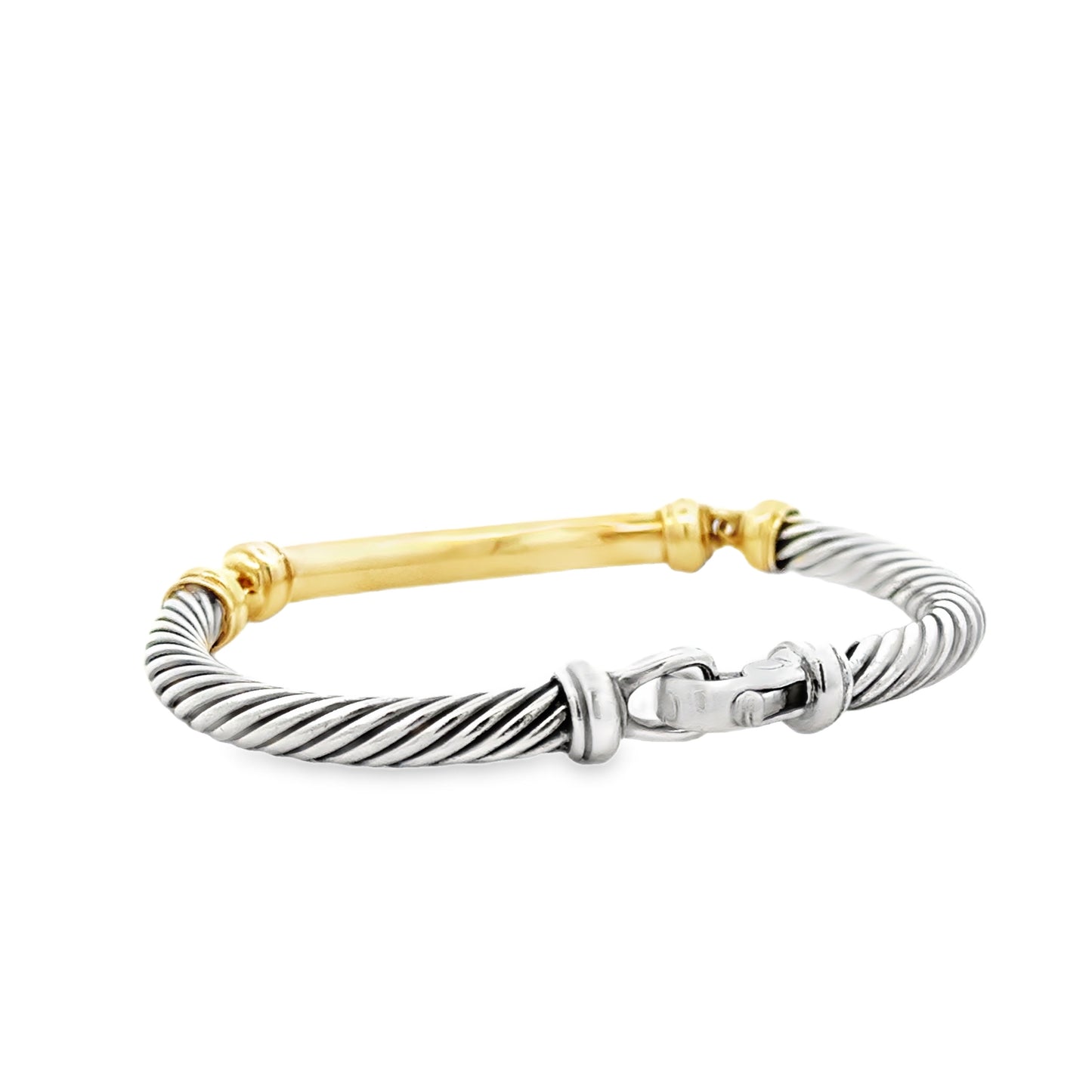 David Yurman 14k Yellow Gold and Sterling Silver Cable Bangle Bracelet — worn on the wrist