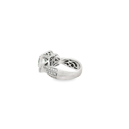 18k White Gold Green Gemstone Square Diamond Halo Cocktail Ring — worn on the finger