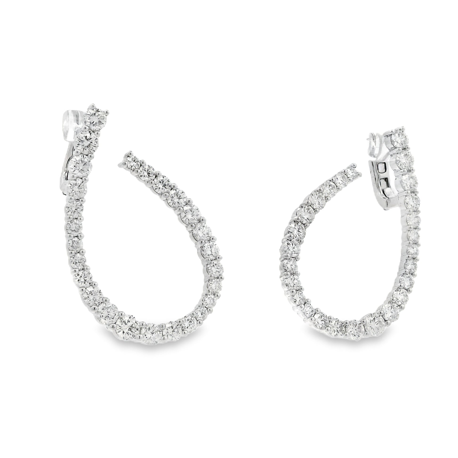 18k White Gold 6.14ctw Round Brilliant Diamond Hoop Earrings — worn on the ear