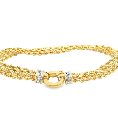 18k Yellow Gold Rope Bracelet with Diamond Studded Clasp — worn on the wrist