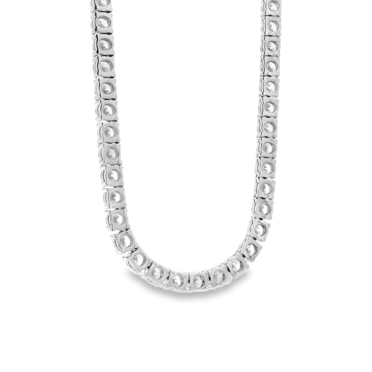 14k White Gold 13.72ctw Round Brilliant Diamond Tennis Necklace 17" — worn at the neckline