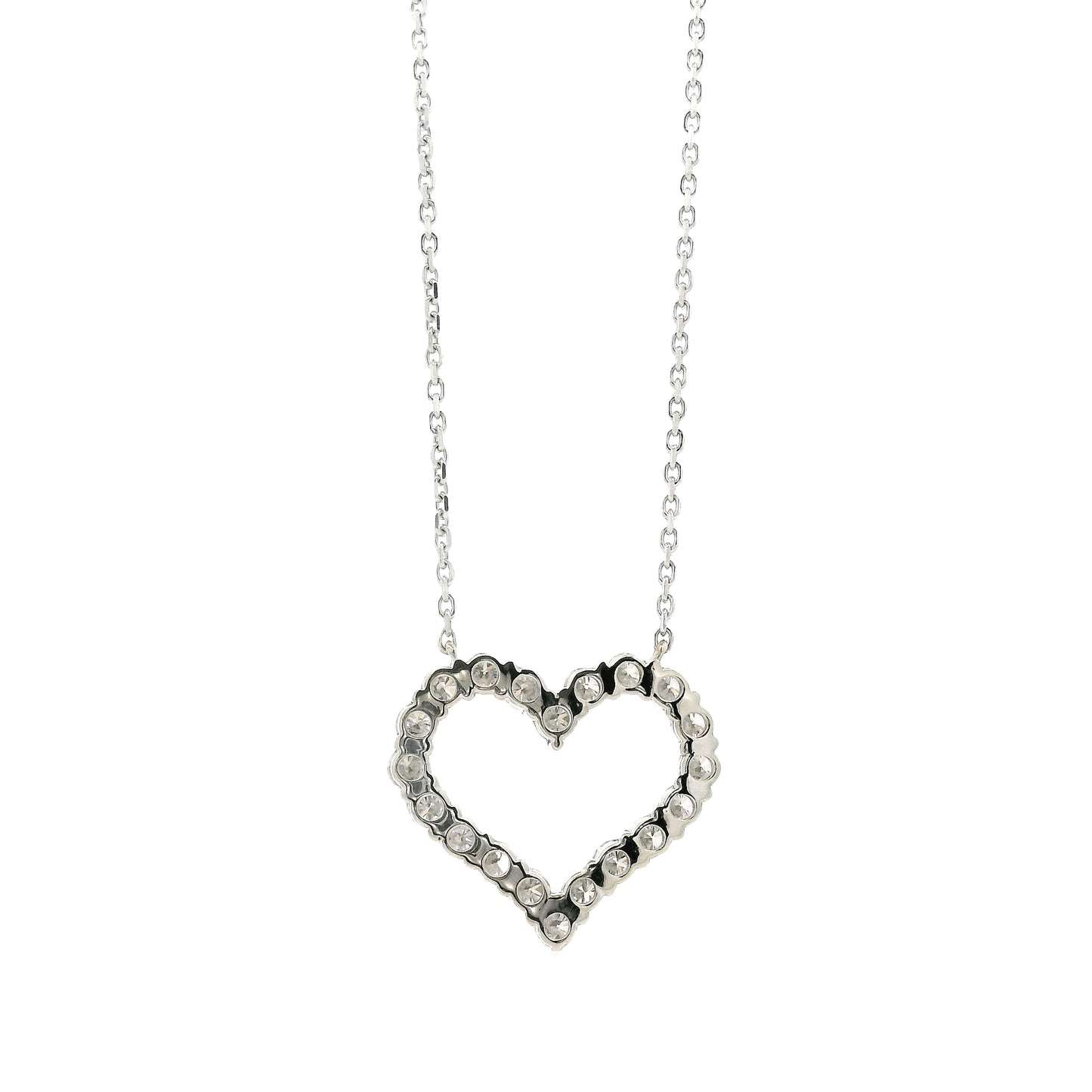 14k White Gold 2.00ctw Round Brilliant Diamond Pavé Heart Pendant Necklace — worn at the neckline