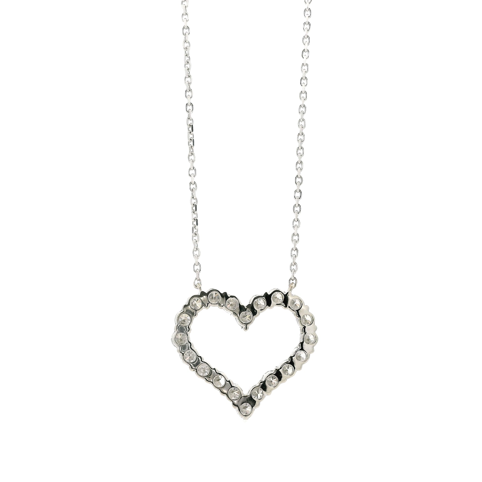 14k White Gold 2.00ctw Round Brilliant Diamond Pavé Heart Pendant Necklace — worn at the neckline