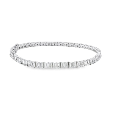 18k White Gold 6.80ctw Emerald Cut Diamond Tennis Bracelet — worn on the wrist