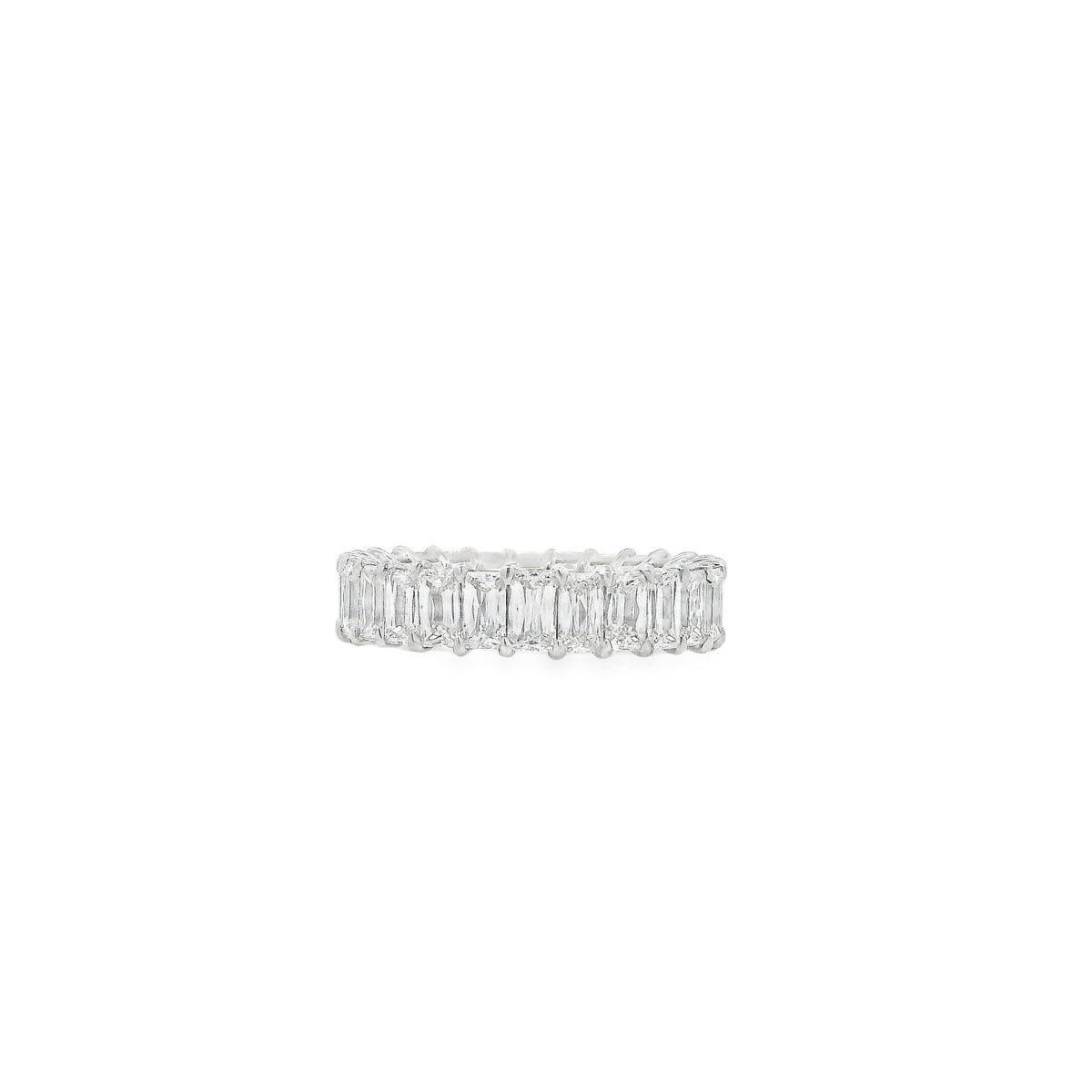 18k White Gold 4.35ctw Triple Cut Diamond Eternity Band Ring — worn on the finger