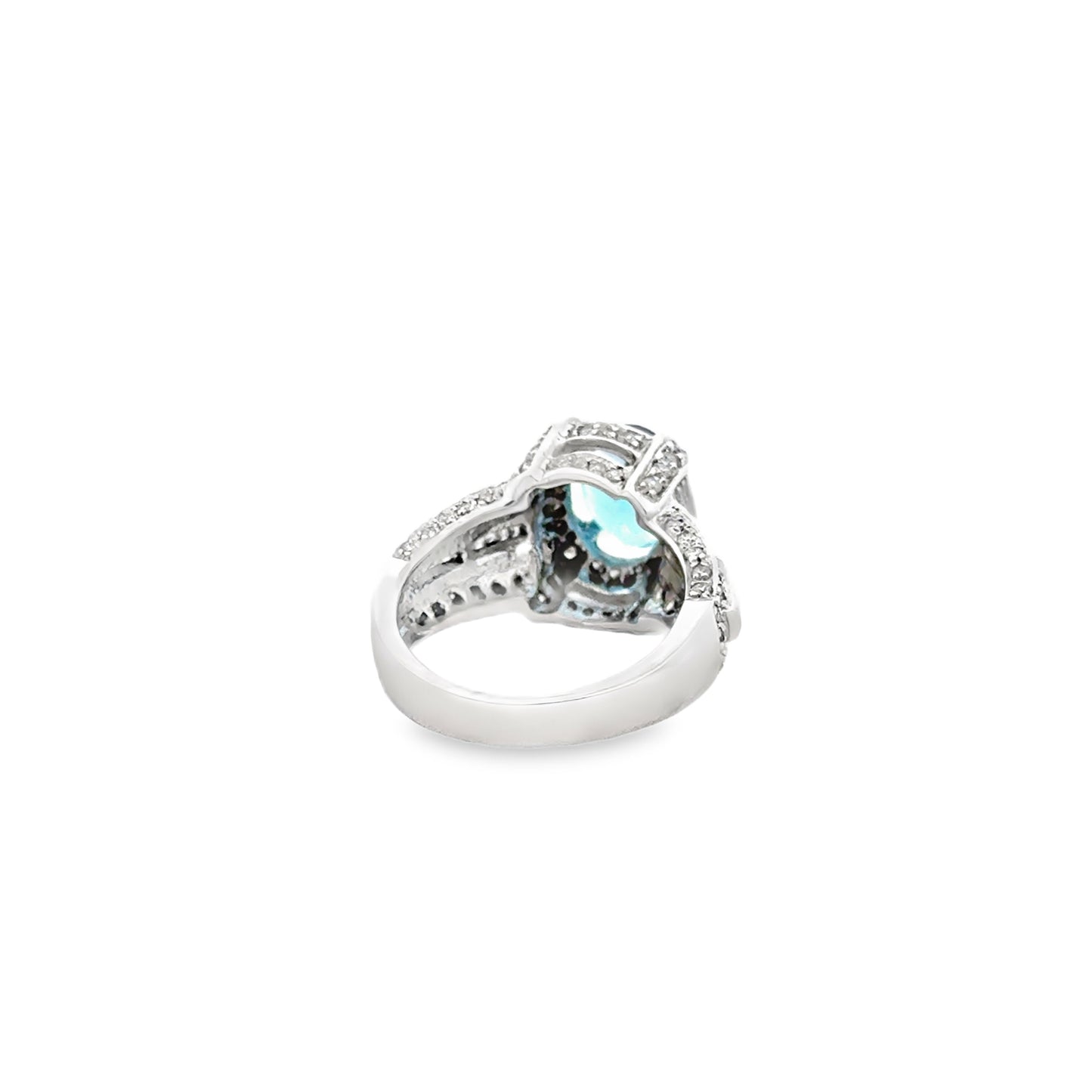 White Gold Oval Blue Gemstone Halo Cocktail Ring — worn — lifestyle shot
