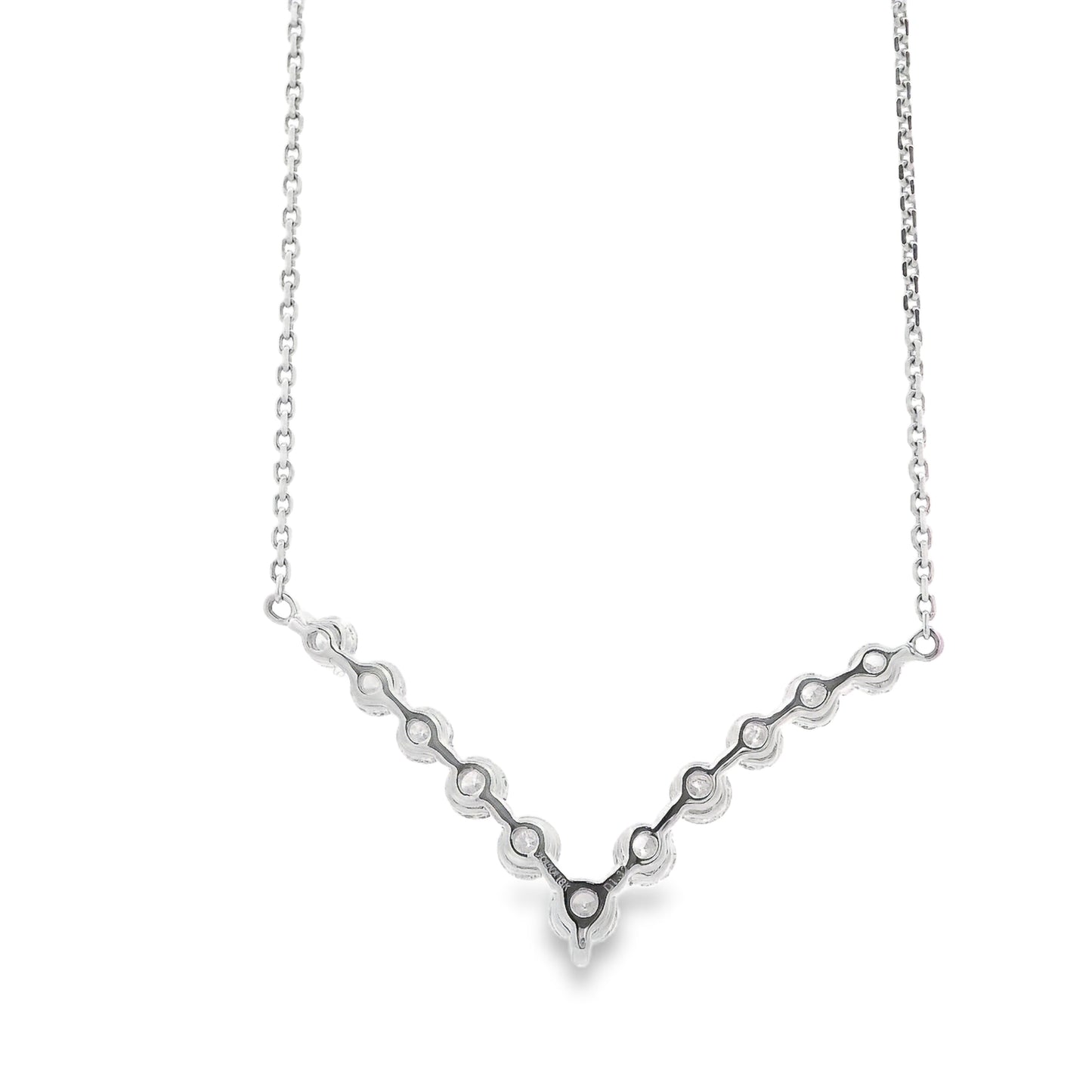 18k White Gold 1.32ctw Round Brilliant Diamond V-Shaped Necklace — worn at the neckline