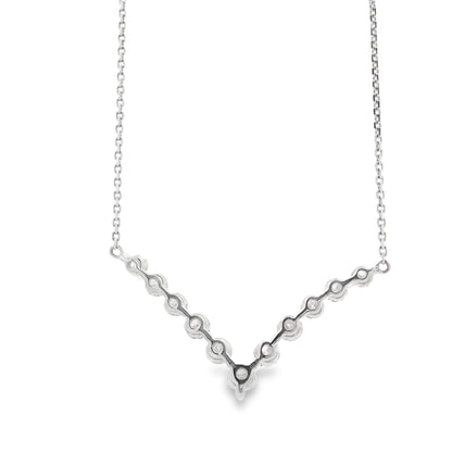 18k White Gold 1.32ctw Round Brilliant Diamond V-Shaped Necklace — worn at the neckline