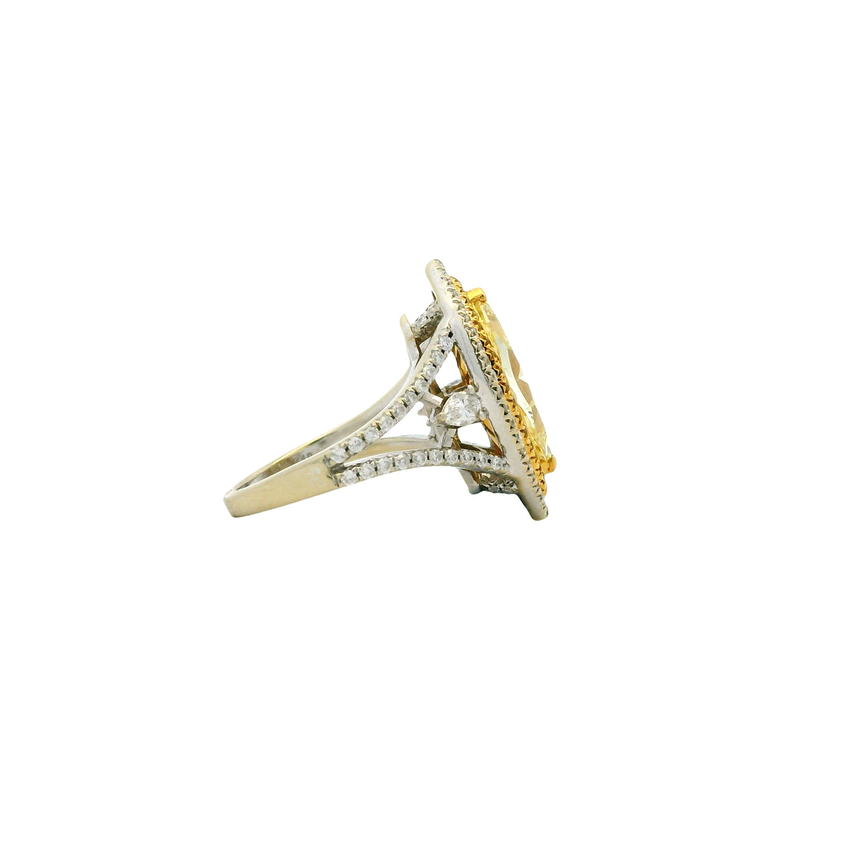 18k Two-Tone Gold 2.01ct Fancy Yellow Marquise Diamond Double Halo Ring with 0.76ctw Accent Diamonds — worn on the finger