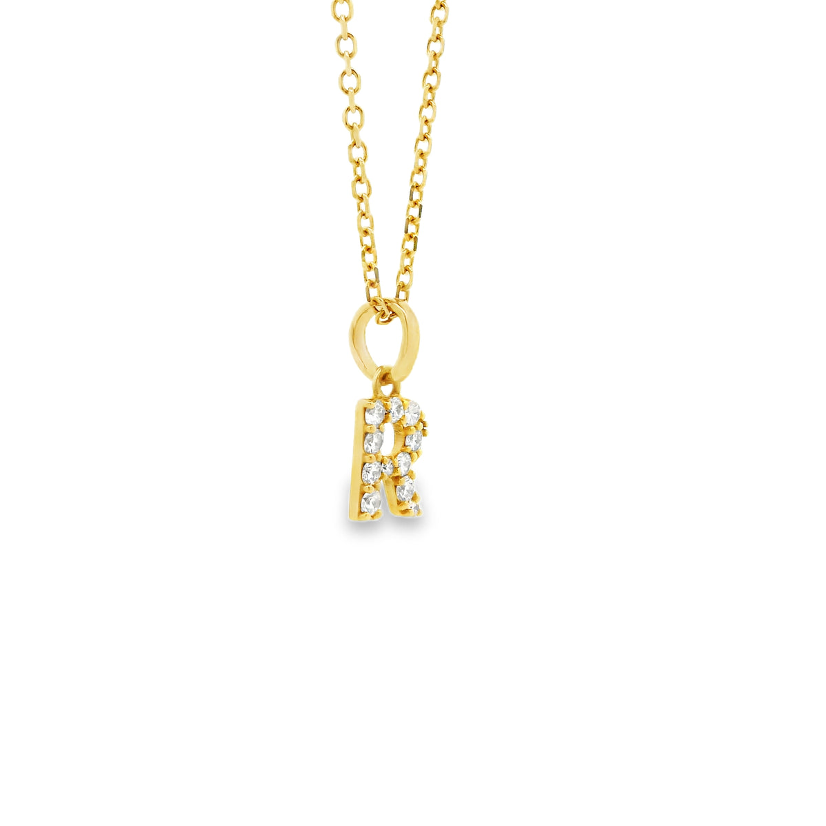 14k Yellow Gold 0.30ctw Diamond Pavé "R" Initial Letter Pendant Necklace — worn on the finger