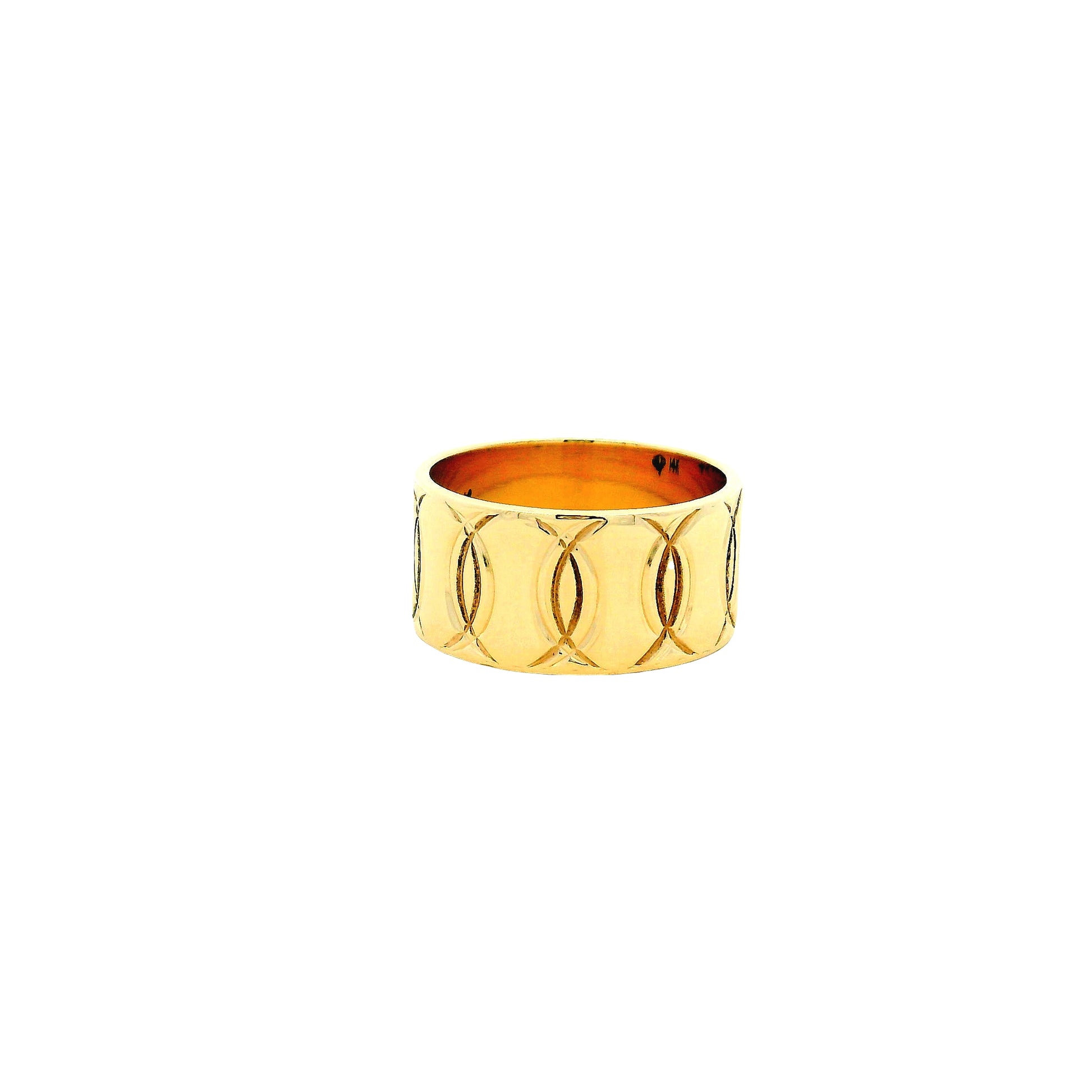14k Yellow Gold Repeating Oval Pattern Fashion Ring — worn on the finger