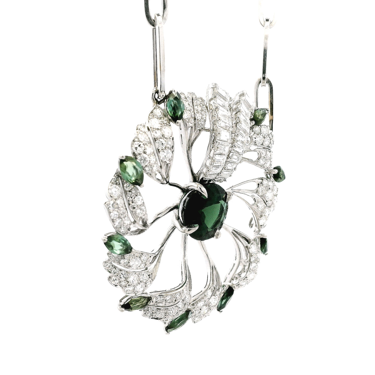 18k White Gold Tourmaline & 4.5ctw Diamond Floral Cluster Statement Paper Clip Necklace 25.5" — worn at the neckline