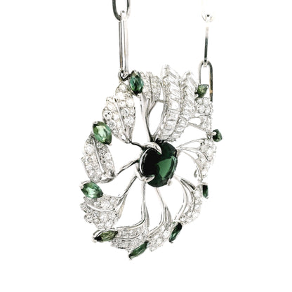 18k White Gold Tourmaline & 4.5ctw Diamond Floral Cluster Statement Paper Clip Necklace 25.5" — worn at the neckline