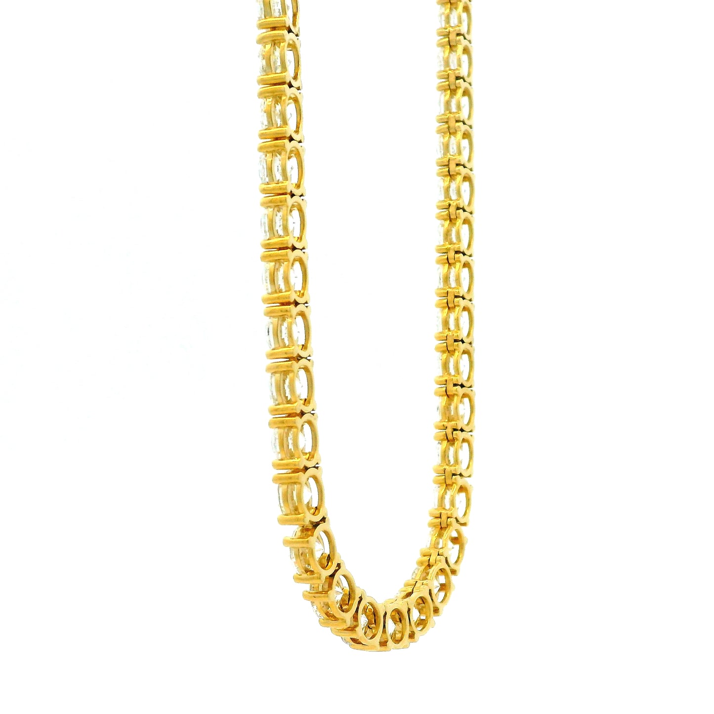 14k Yellow Gold 41.15ctw Round Brilliant Diamond Tennis Necklace 17" — worn at the neckline