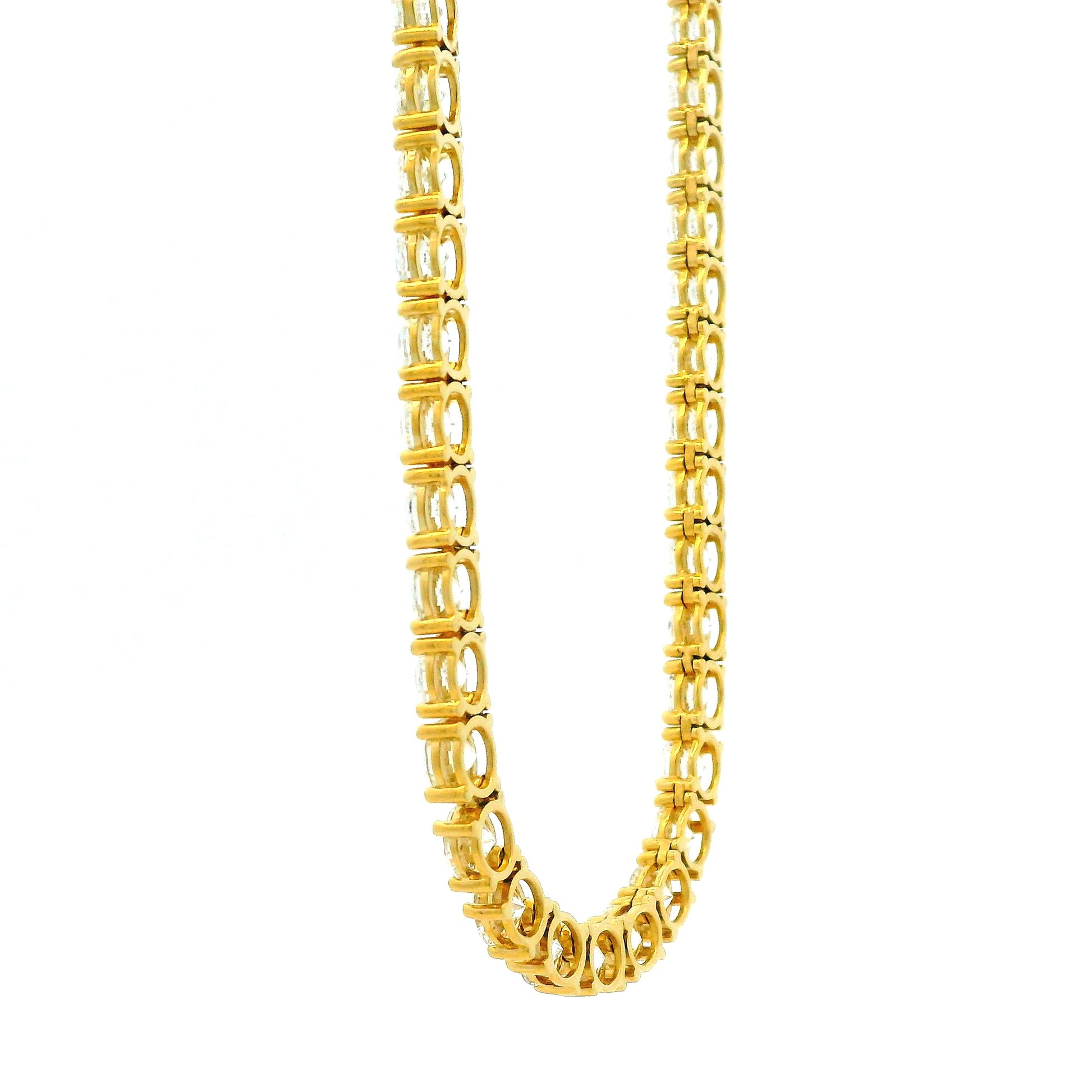 14k Yellow Gold 41.15ctw Round Brilliant Diamond Tennis Necklace 17" — worn at the neckline
