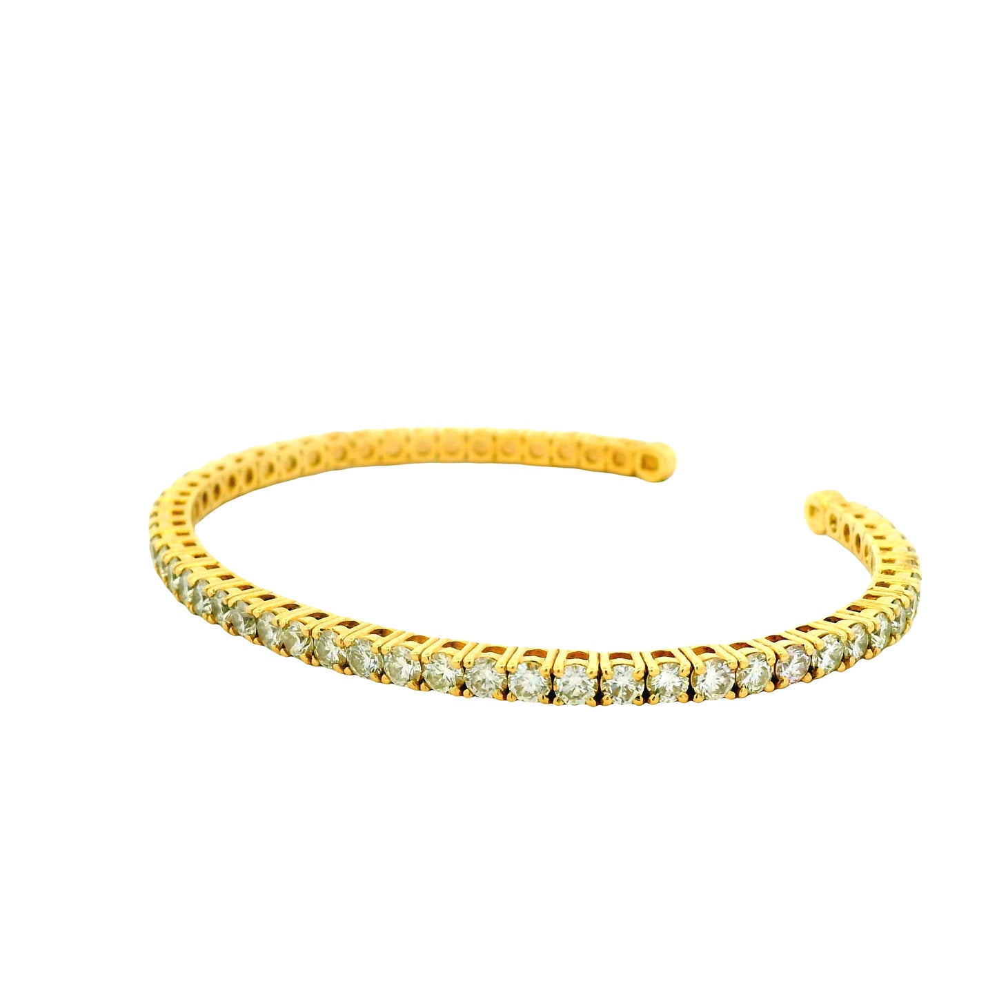 14k Yellow Gold 5.20ctw Round Brilliant Diamond Open Cuff Bangle Bracelet — worn on the wrist