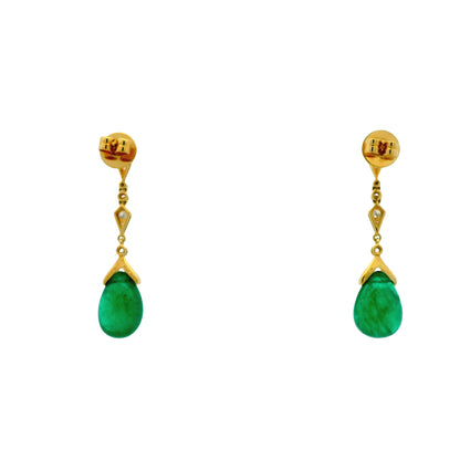 18k Yellow Gold GIA Certified 14.91ct Natural Emerald and 0.44ctw Round Diamond Dangle Earrings — worn on the ear