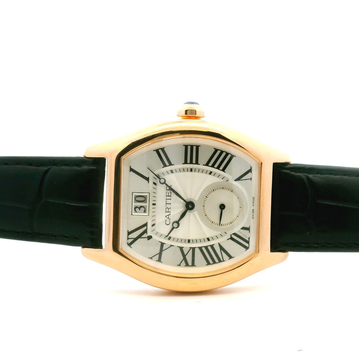 Cartier Tortue 18k Rose Gold 38mm Silver Dial Black Strap Watch — worn on the wrist