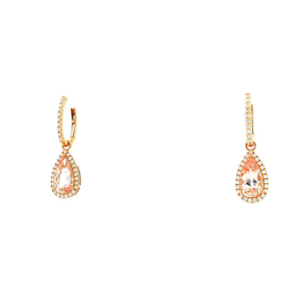 14k Rose Gold 3.44ctw Pear Cut Morganite and 0.49ctw Diamond Pavé Halo Drop Earrings — worn on the ear