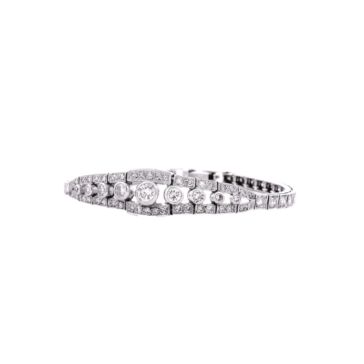 14k White Gold 2.50ctw Round Brilliant Diamond Art Deco Cluster Bracelet — worn on the wrist