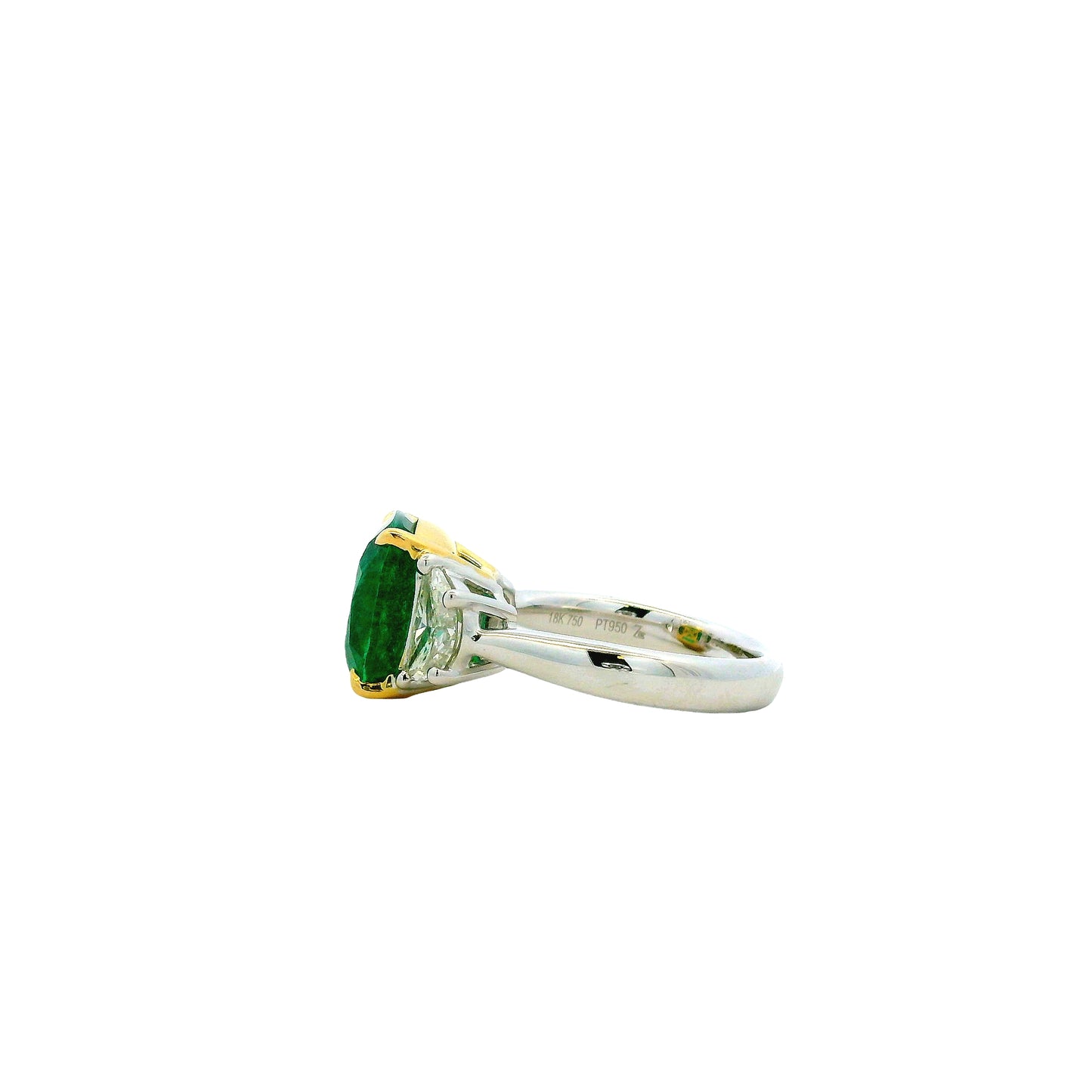 Platinum & 18k Yellow Gold 5.90ct Cushion Cut Vivid Green Emerald and Diamond Three-Stone Ring — worn on the finger