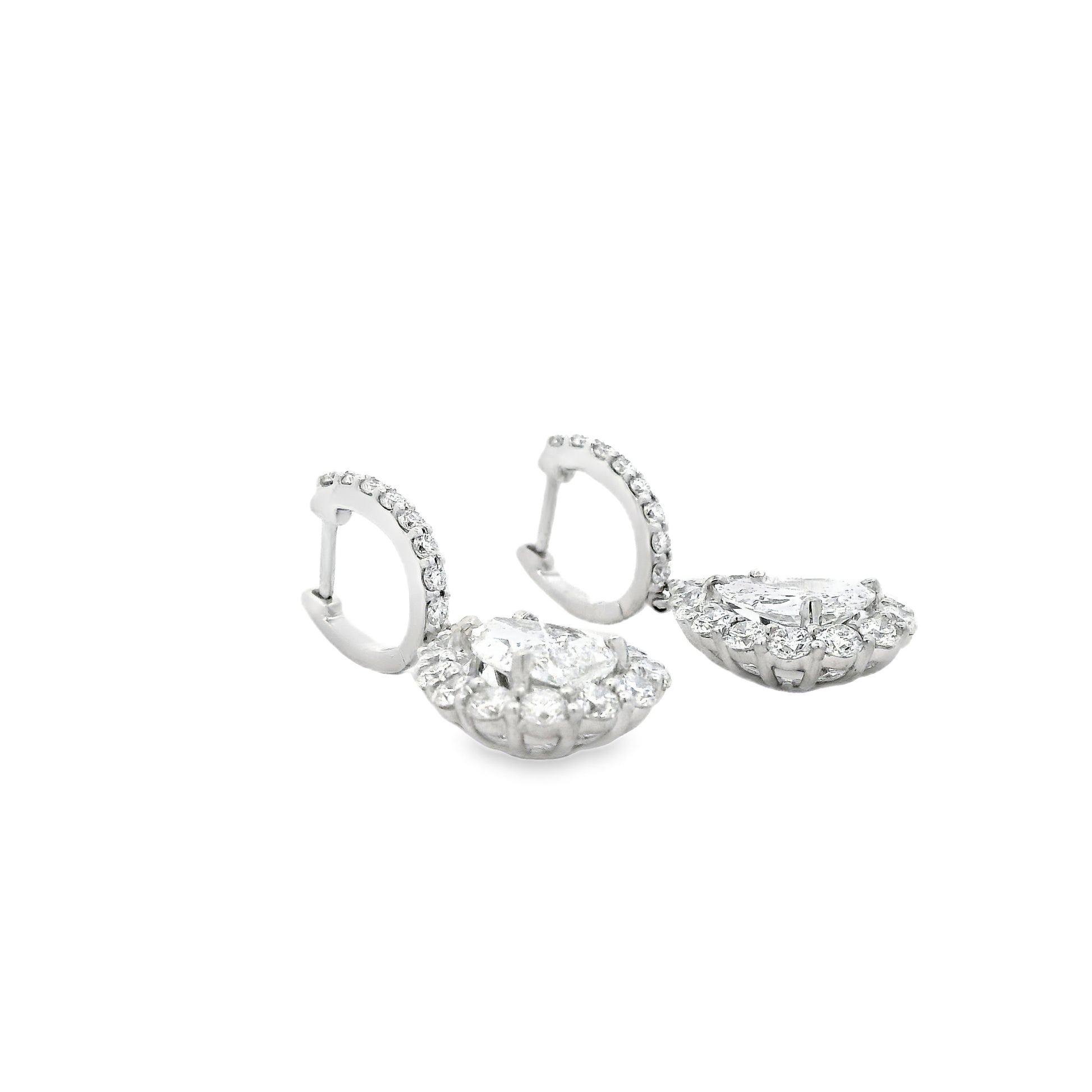 18k White Gold 5.95ctw Pear Cut Diamond Halo Dangle Earrings — worn on the ear