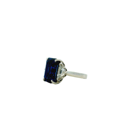 Platinum 10.15ct Emerald Cut Ceylon Royal Blue Sapphire and 0.82ctw Diamond Ring — worn on the finger