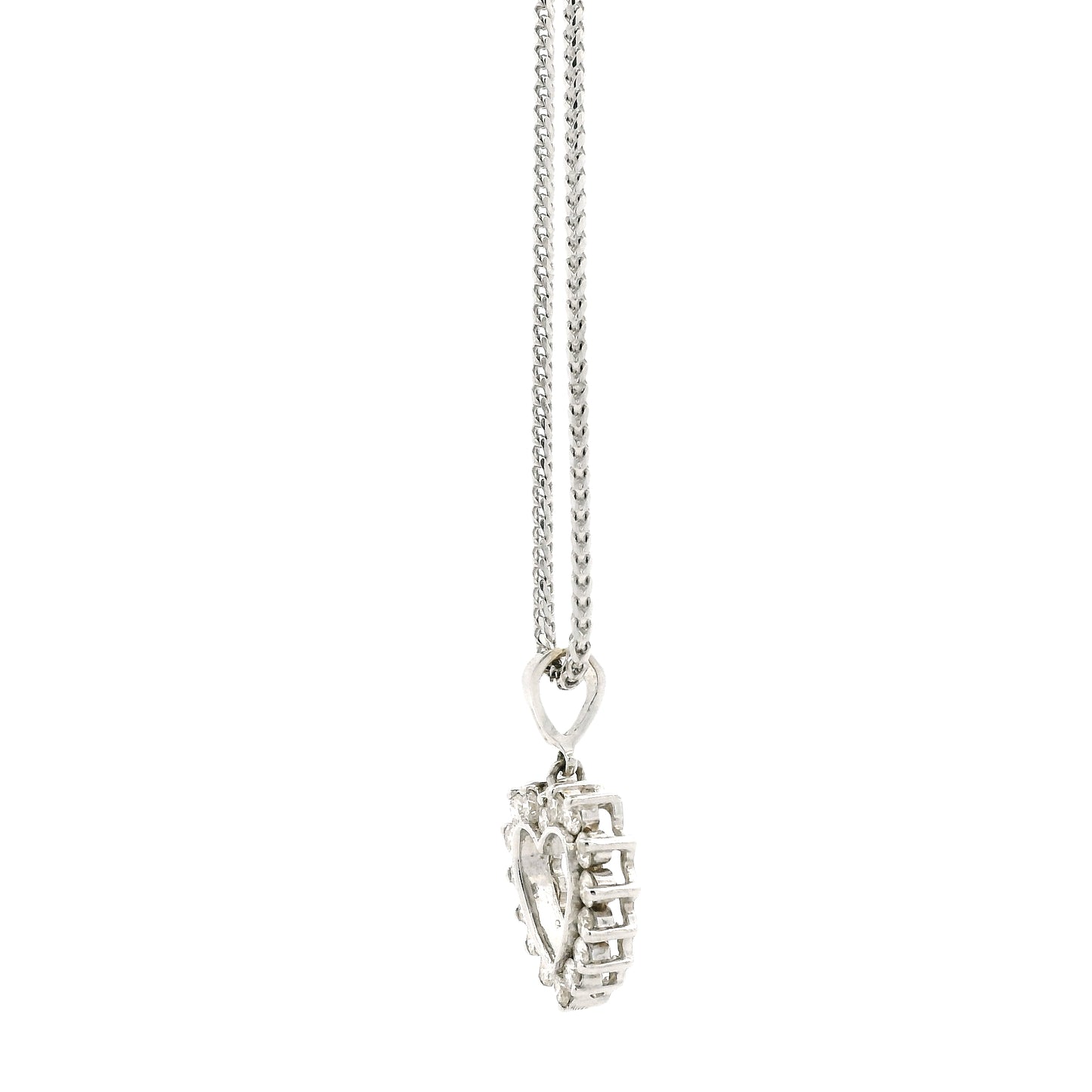 14k White Gold Diamond Heart Shaped Pendant Necklace with 16 Round Diamonds — worn on a chain