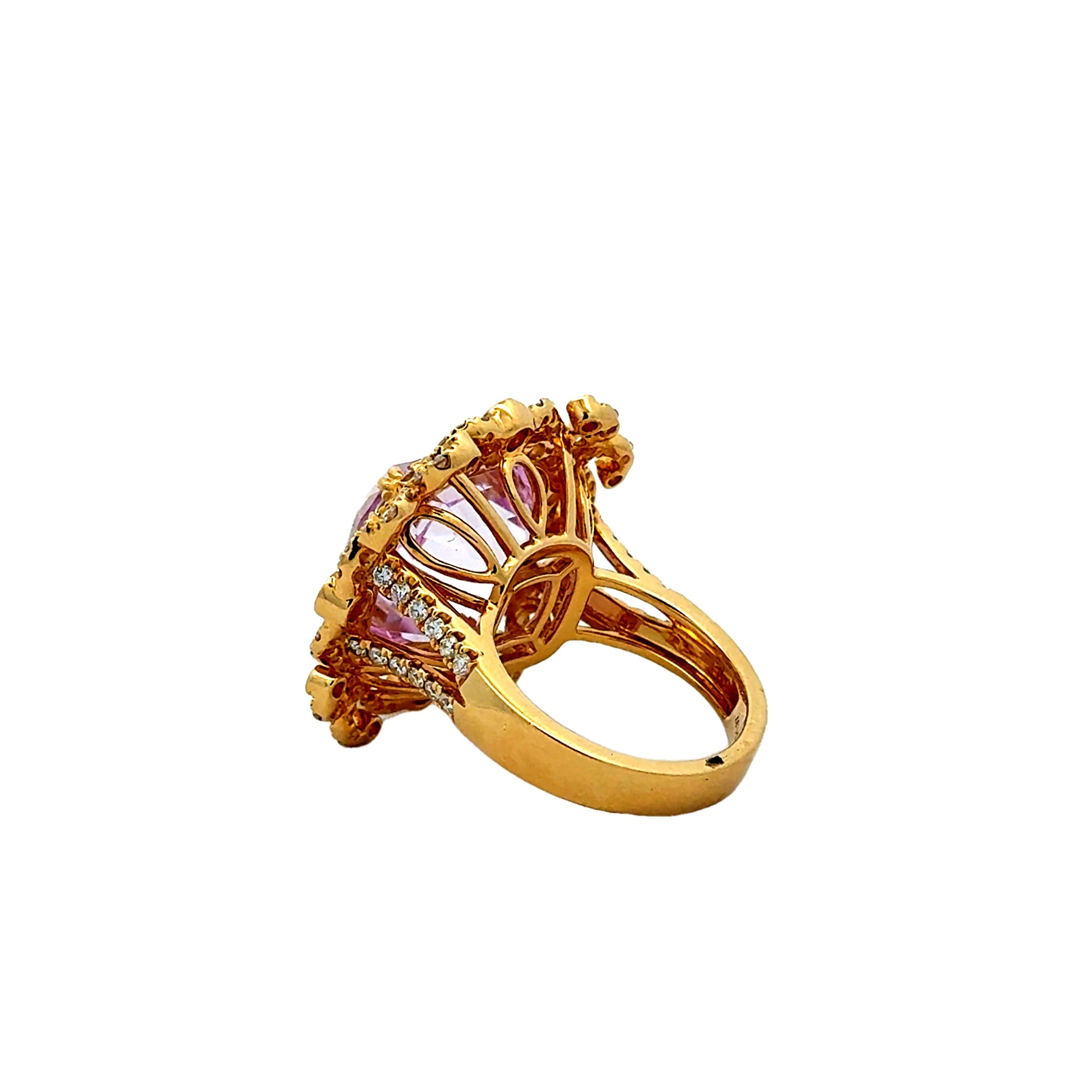 18k Yellow Gold GIA Certified 17.51ct Kunzite and 1.97ctw Diamond Halo Ring — worn on the finger