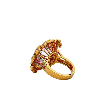 18k Yellow Gold GIA Certified 17.51ct Kunzite and 1.97ctw Diamond Halo Ring — worn on the finger