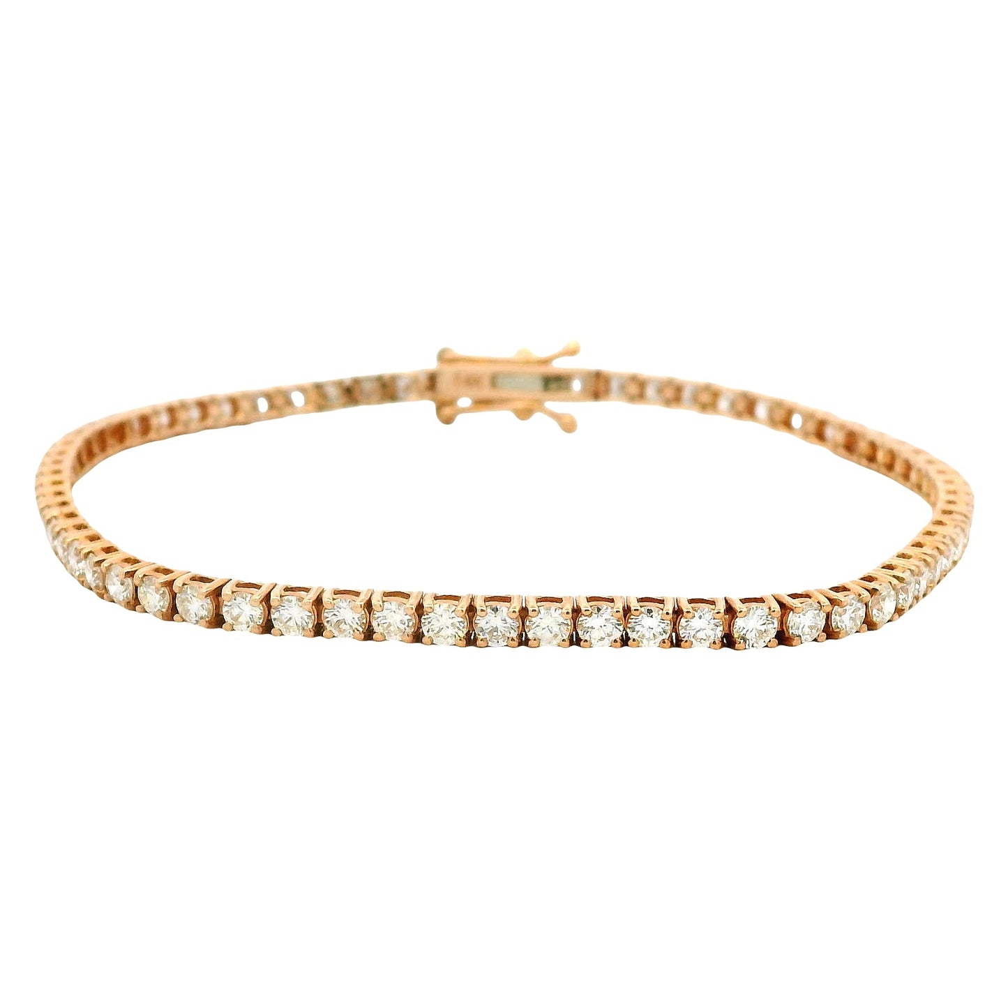 14k Rose Gold 3.32ctw Round Brilliant Diamond Tennis Bracelet — worn on the wrist