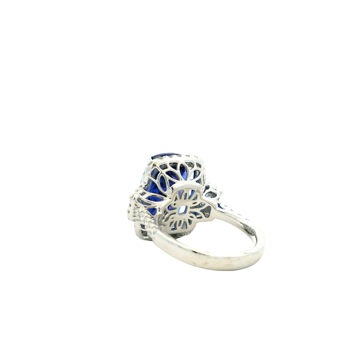 Platinum 9.35ct Cushion Cut Tanzanite and Diamond Halo Cocktail Ring — worn — lifestyle shot