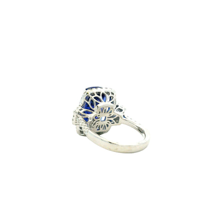 Platinum 9.35ct Cushion Cut Tanzanite and Diamond Halo Cocktail Ring — worn — lifestyle shot