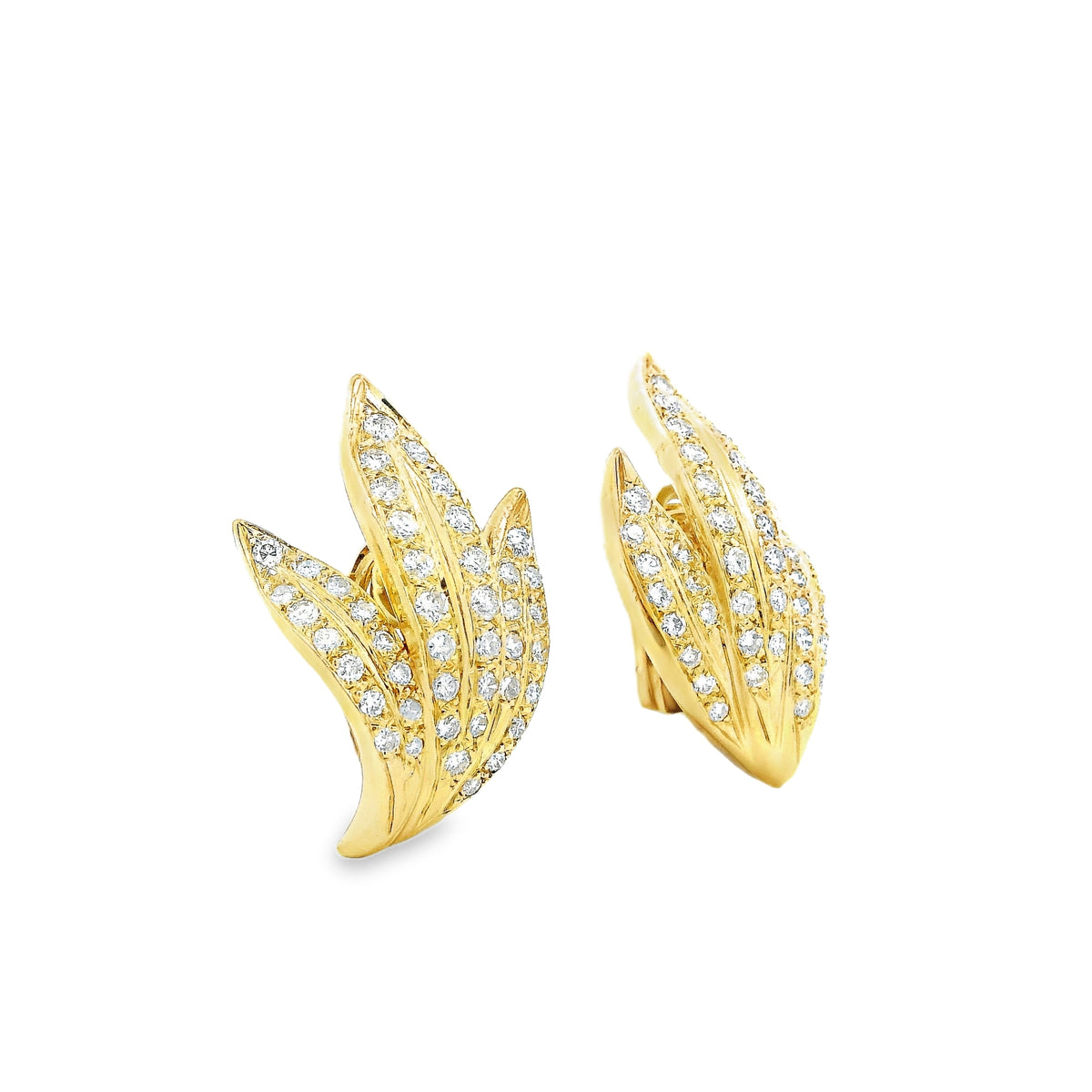18k Yellow Gold 2.50ctw Round Brilliant Diamond Pavé Leaf Motif Earrings — worn on the ear
