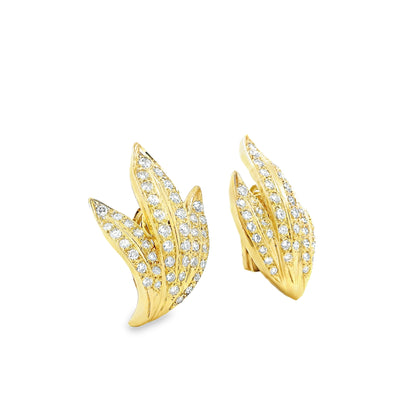 18k Yellow Gold 2.50ctw Round Brilliant Diamond Pavé Leaf Motif Earrings — worn on the ear