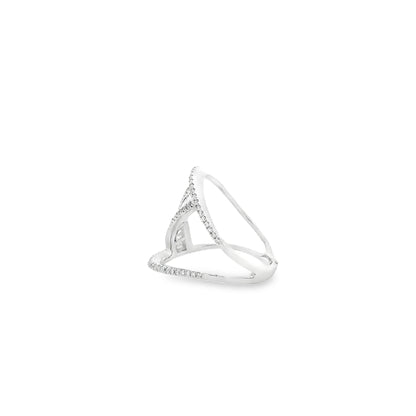 14k White Gold 0.90ctw Baguette and Round Brilliant Diamond Bypass Ring — worn on the finger
