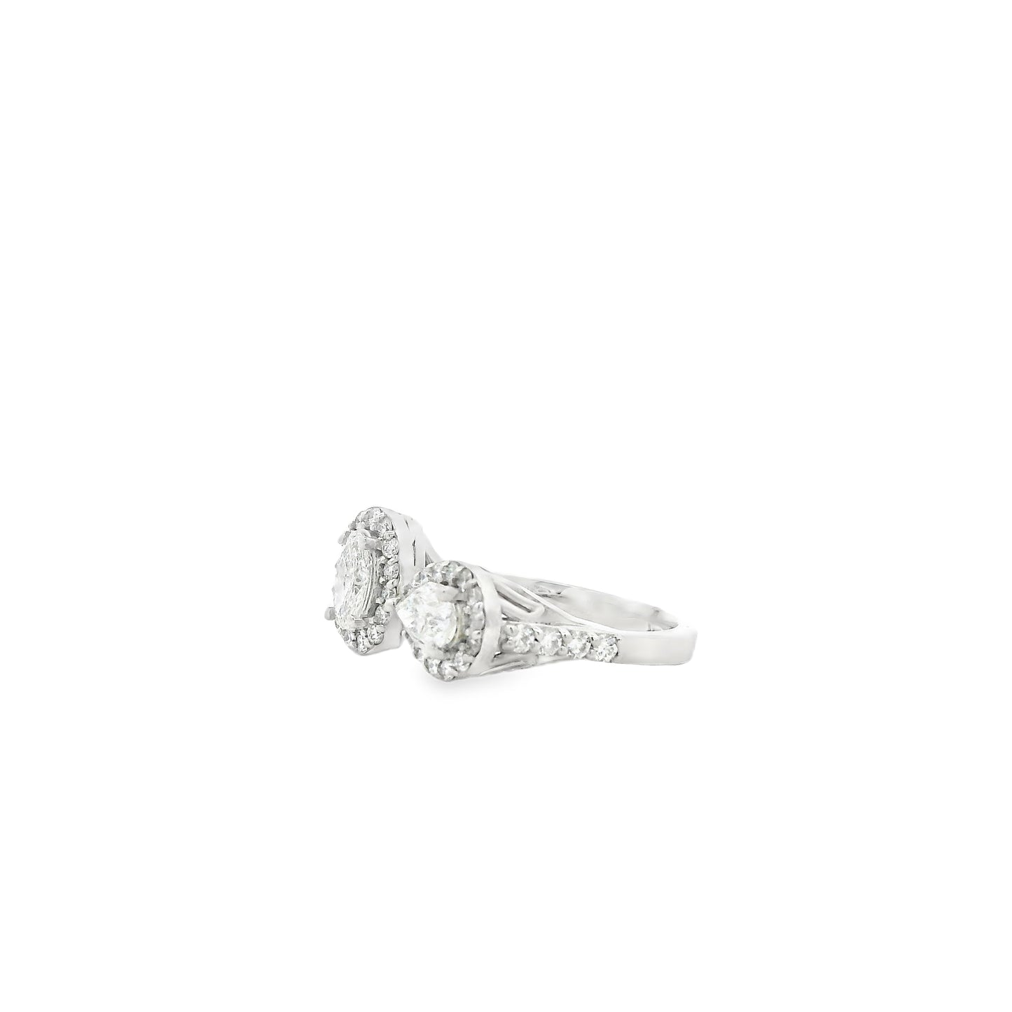 14k White Gold 1.49ctw Oval & Pear Cut Diamond Pavé Halo Toi et Moi Ring — worn on the finger