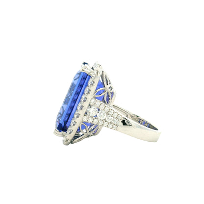 18k White Gold 34.72ct Emerald Cut Tanzanite and 2.26ctw Diamond Halo Cocktail Ring — worn on the finger