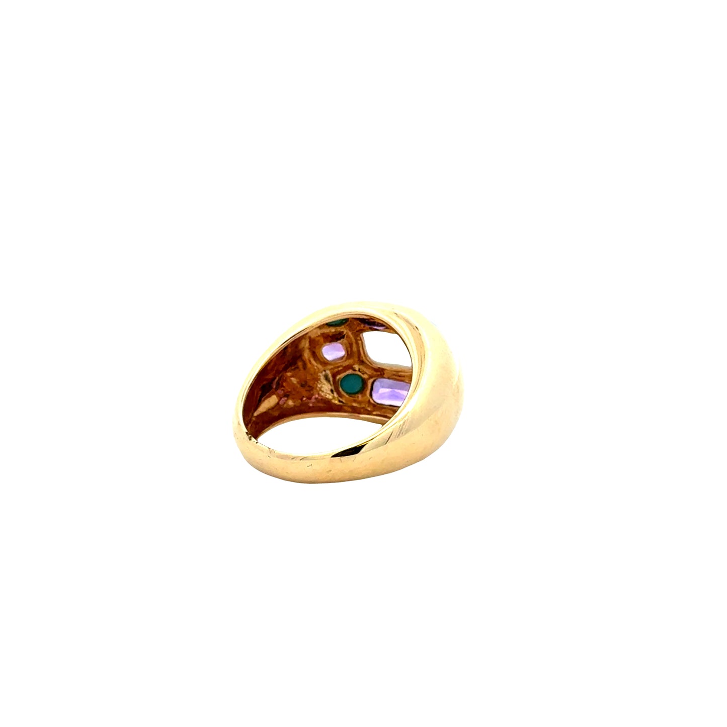 14k Yellow Gold Amethyst and Turquoise Cluster Dome Cocktail Ring — worn on the finger