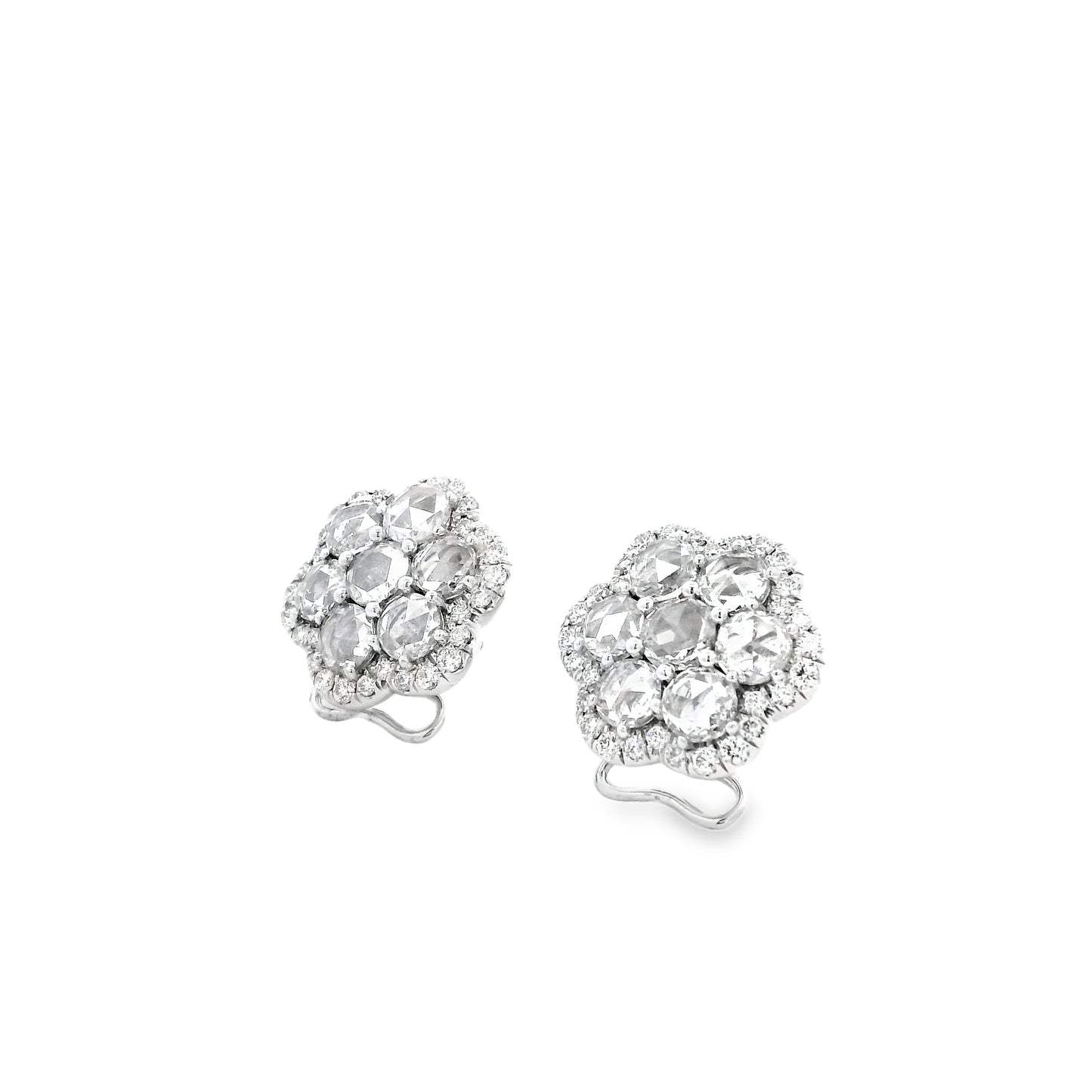 14k White Gold 3.60ctw Old Cut Natural Diamond Flower Cluster Button Earrings — worn on the ear