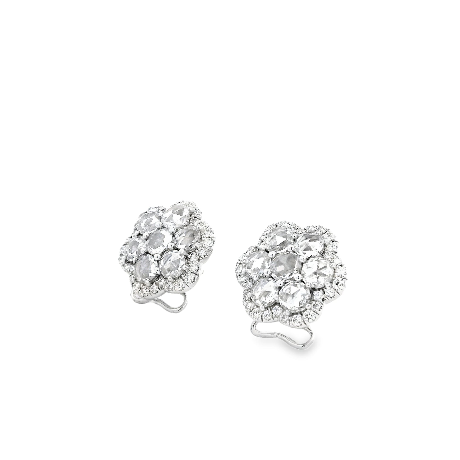 14k White Gold 3.60ctw Old Cut Natural Diamond Flower Cluster Button Earrings — worn on the ear