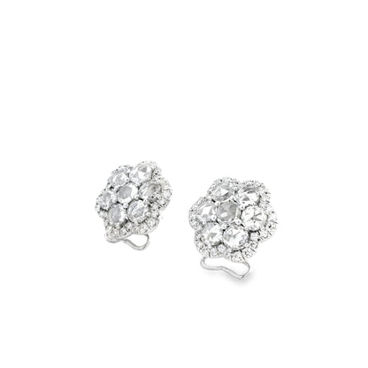 14k White Gold 3.60ctw Old Cut Natural Diamond Flower Cluster Button Earrings — worn on the ear
