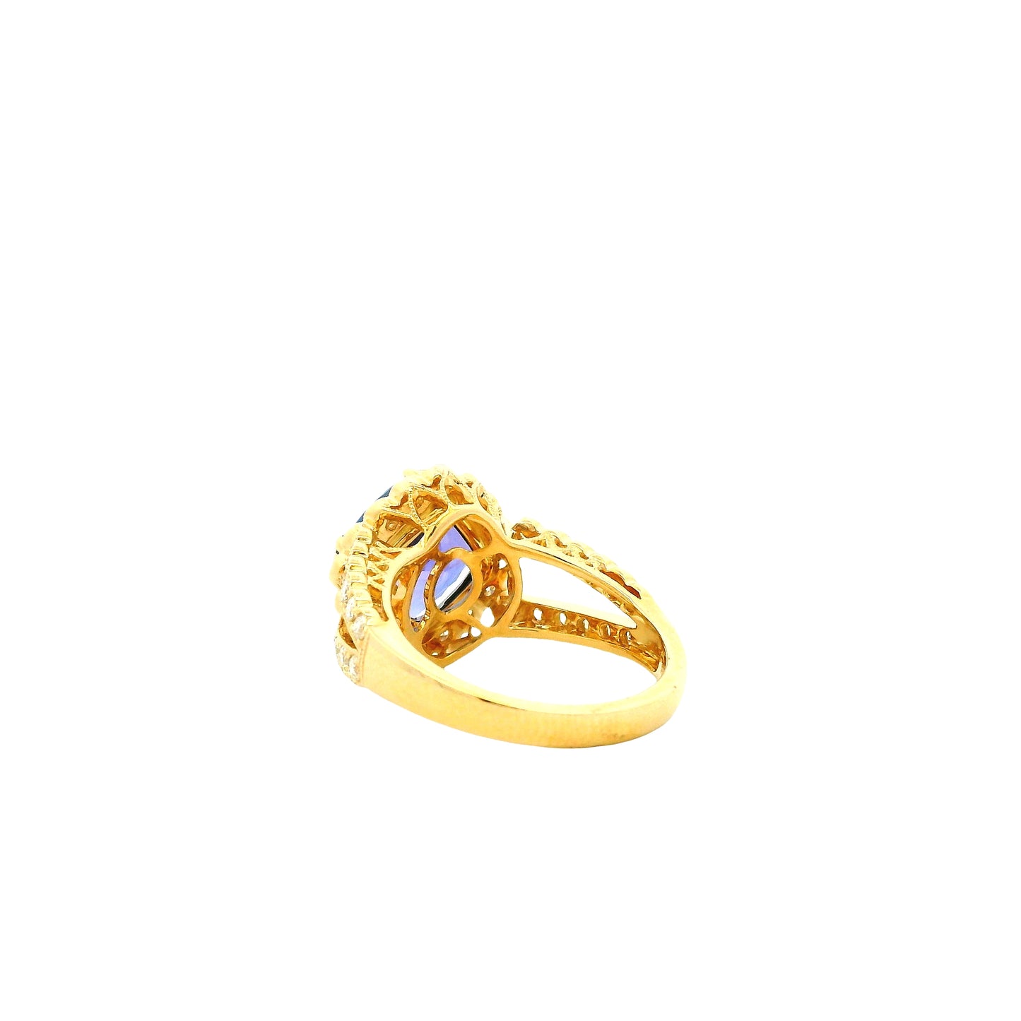14k Yellow Gold 3.75ct Cushion Cut Tanzanite Halo Cocktail Ring — worn on the finger