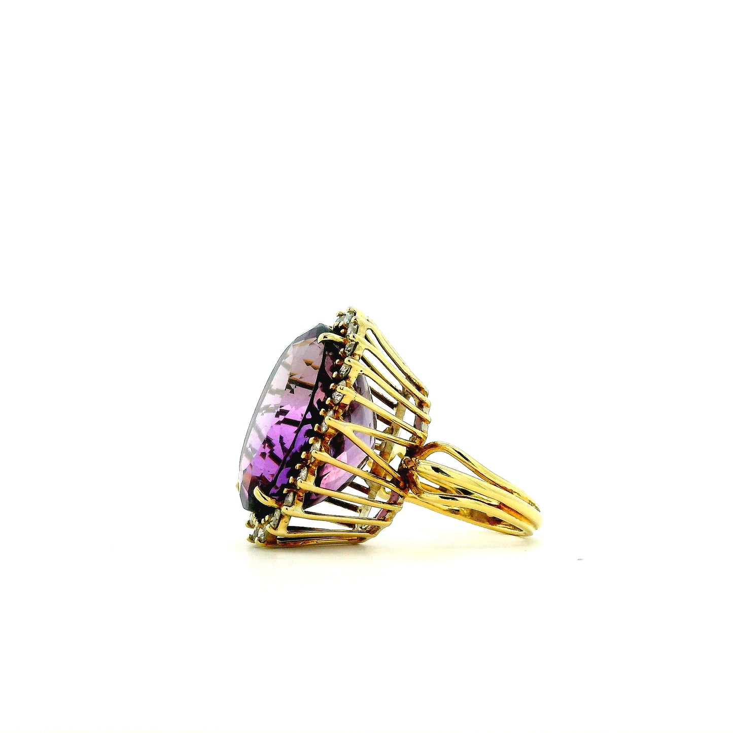 14k Yellow Gold 30ct Oval Amethyst Halo Diamond Accent Cocktail Ring — worn on the finger