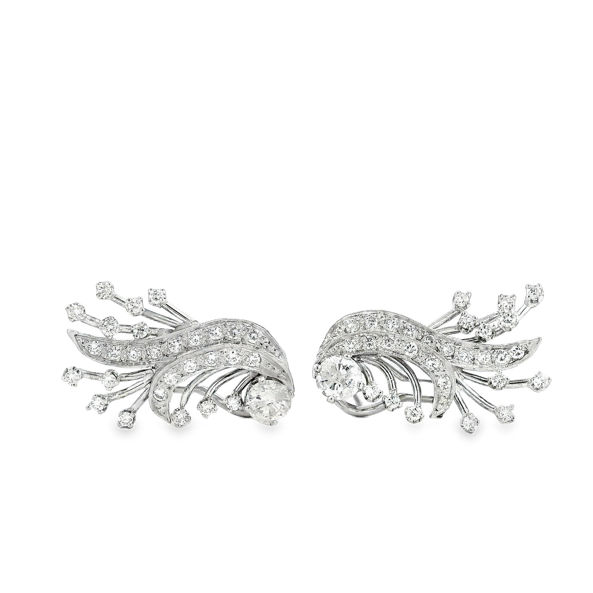 14k White Gold 2.5ctw Round Brilliant Diamond Floral Cluster Earrings — worn on the ear