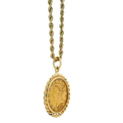 14k Yellow Gold Rope Chain Necklace with 1901 Liberty Head $5 Gold Coin Pendant 24" — worn at the neckline